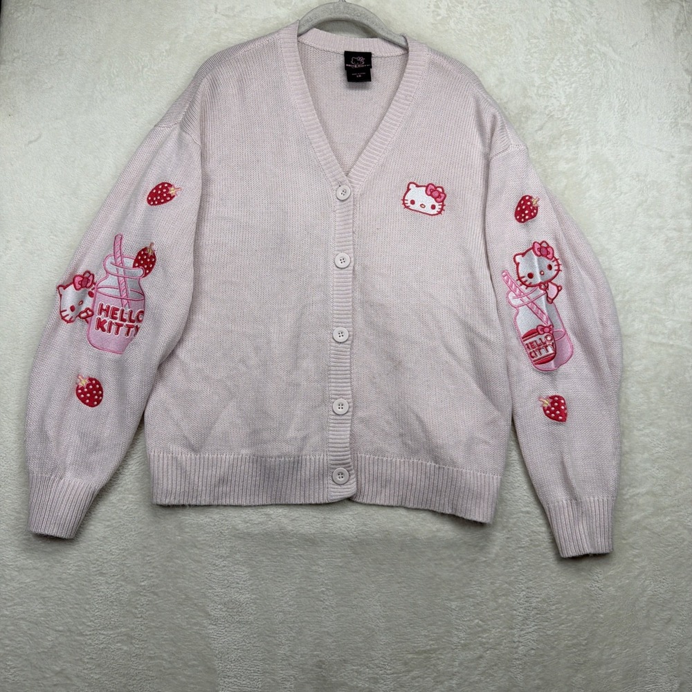 Hello Kitty Sanrio Milkshake Cardigan Sweater Women's L Pink Strawberry Kawaii